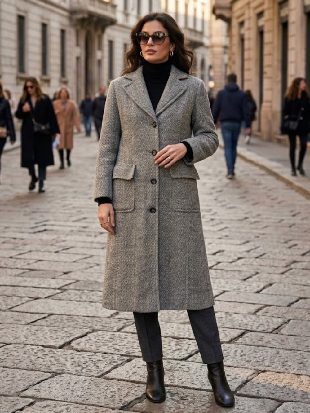 Caractere Italy Virgin Wool Mohair Herringbone Long Tweed Overcoat Grey Chic 6